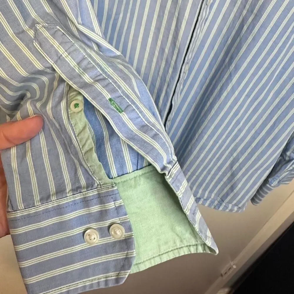 IZOD Luxury Sport Button Down Blue w/ Green & White Stripe